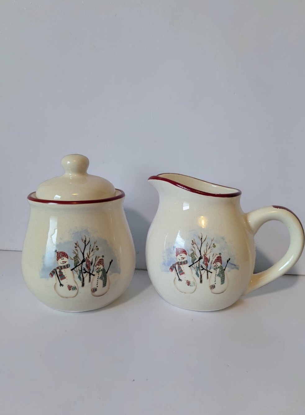 Royal Seasons Snowman Stoneware Sugar Bowl and Creamer Set Holiday Christmas
